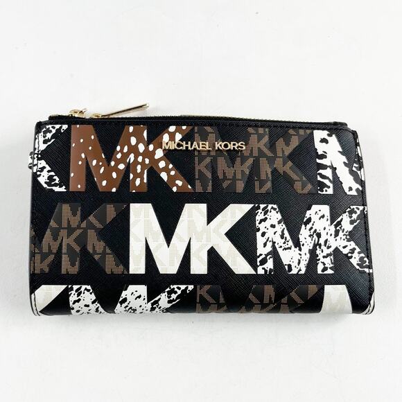 Michael Kors Signature Logo Double Zip Around Leather Wallet Black - Picture 1 of 7